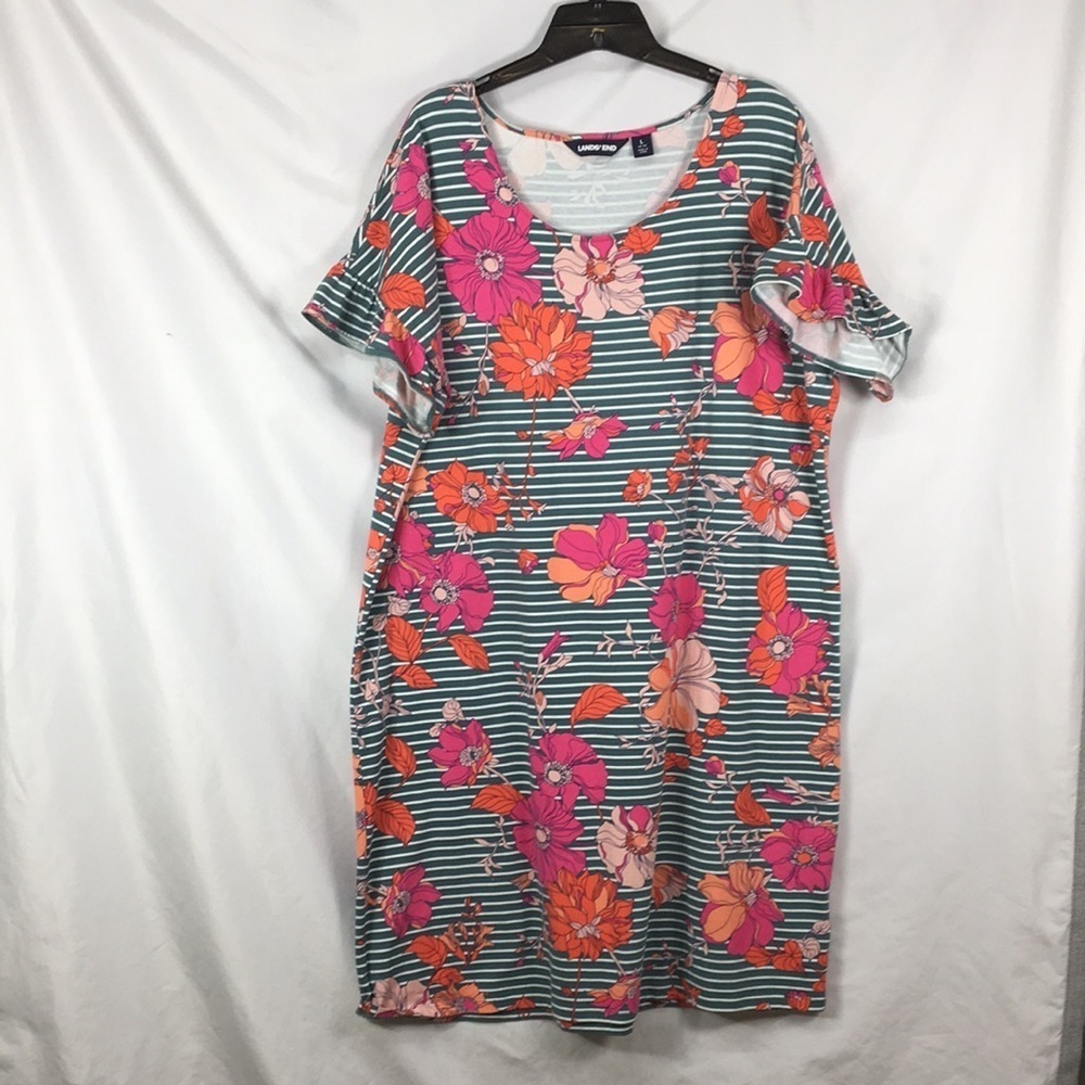 Lands End Women’s Striped Floral Tee Shirt Dress Size L Like-NEW Condition